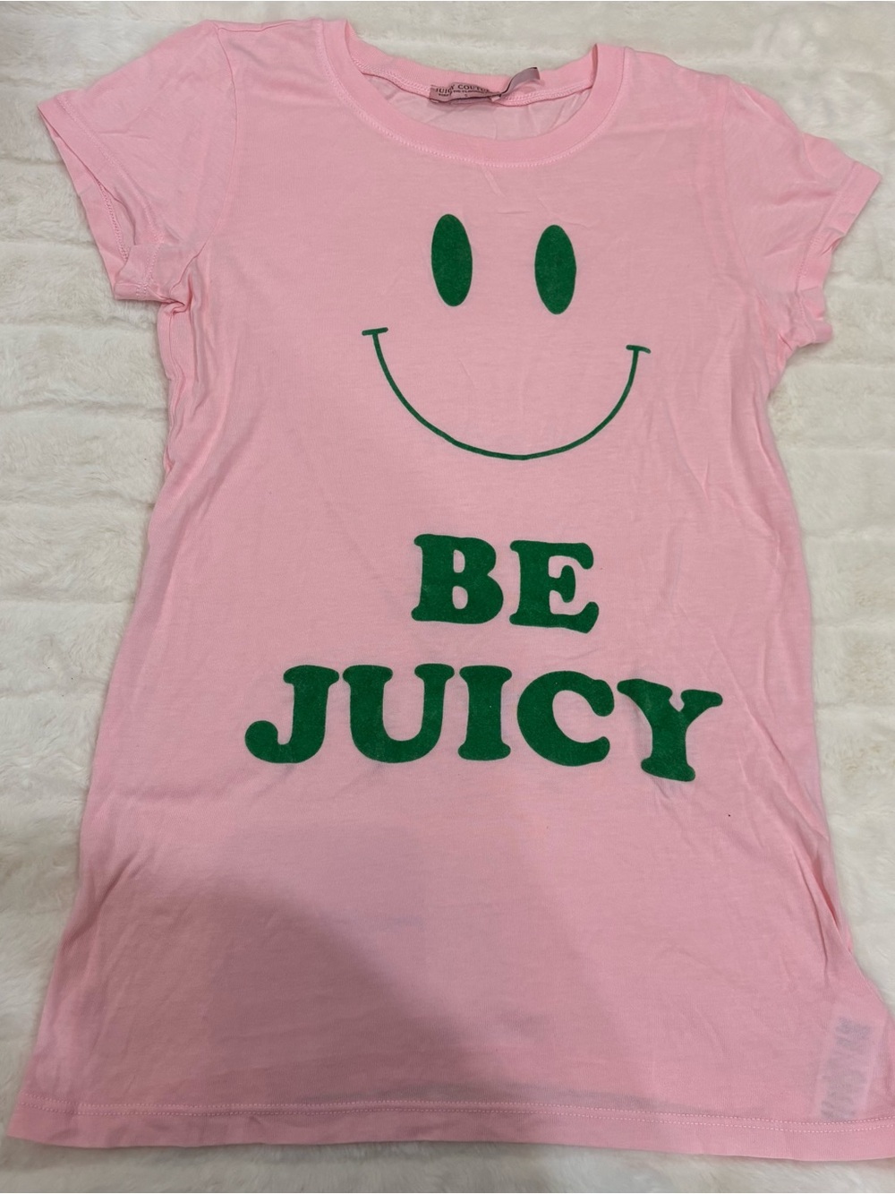Juicy Couture Pink Tee with Green Smiley 'BE JUICY' Graphic